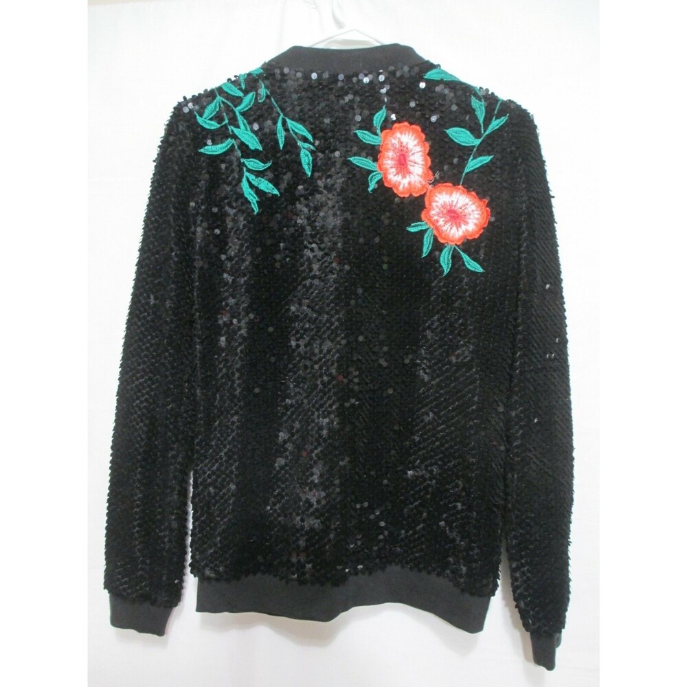 NWT Gianni Bini Womens Cardigan Jacket Black Sequin Floral Zip Size XS - Picture 2 of 9